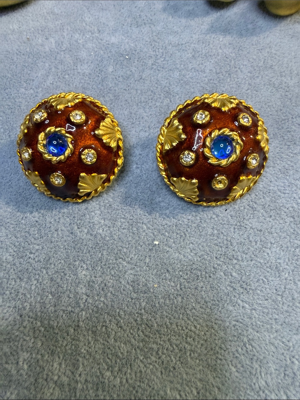 Vintage Yosca Elegant Gold-Tone Brown Enamel Clip Earrings with Blue Center